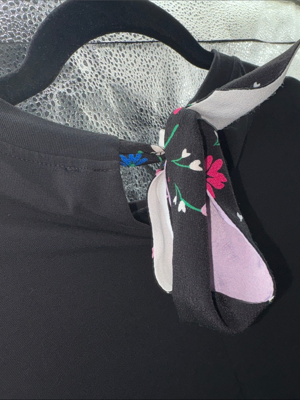 Maje Black Top with Pink and Blue Floral Neck Scarf Detail - Picture 7 of 8